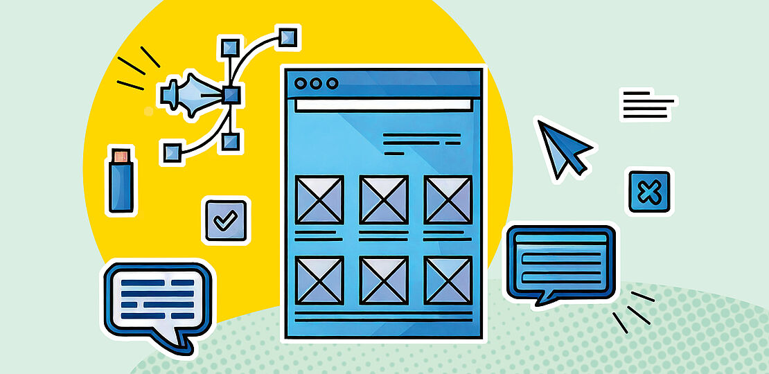 Illustration eines Wireframe-Prozesses in blau vor einem gelben Hintergrund